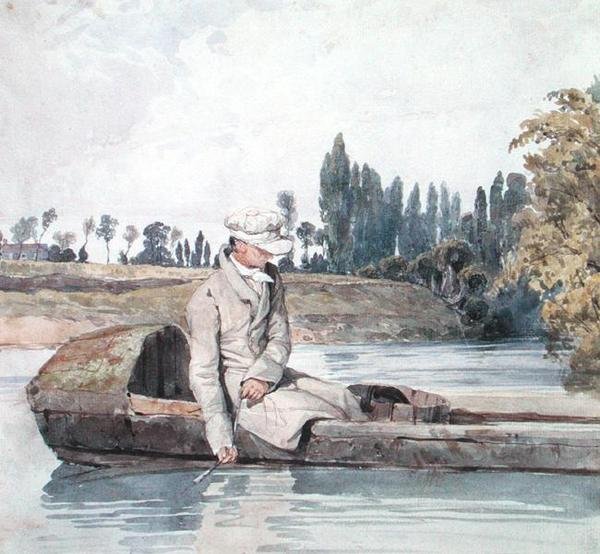 Muž lovící z lodi na řece (akvarel na papíře) od Richard Parkes Bonington
