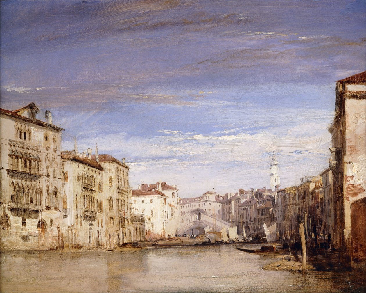 Pohled na Canal Grande v Benátkách z Palazzo Bernardo při pohledu na most Rialto, od Richard Parkes Bonington