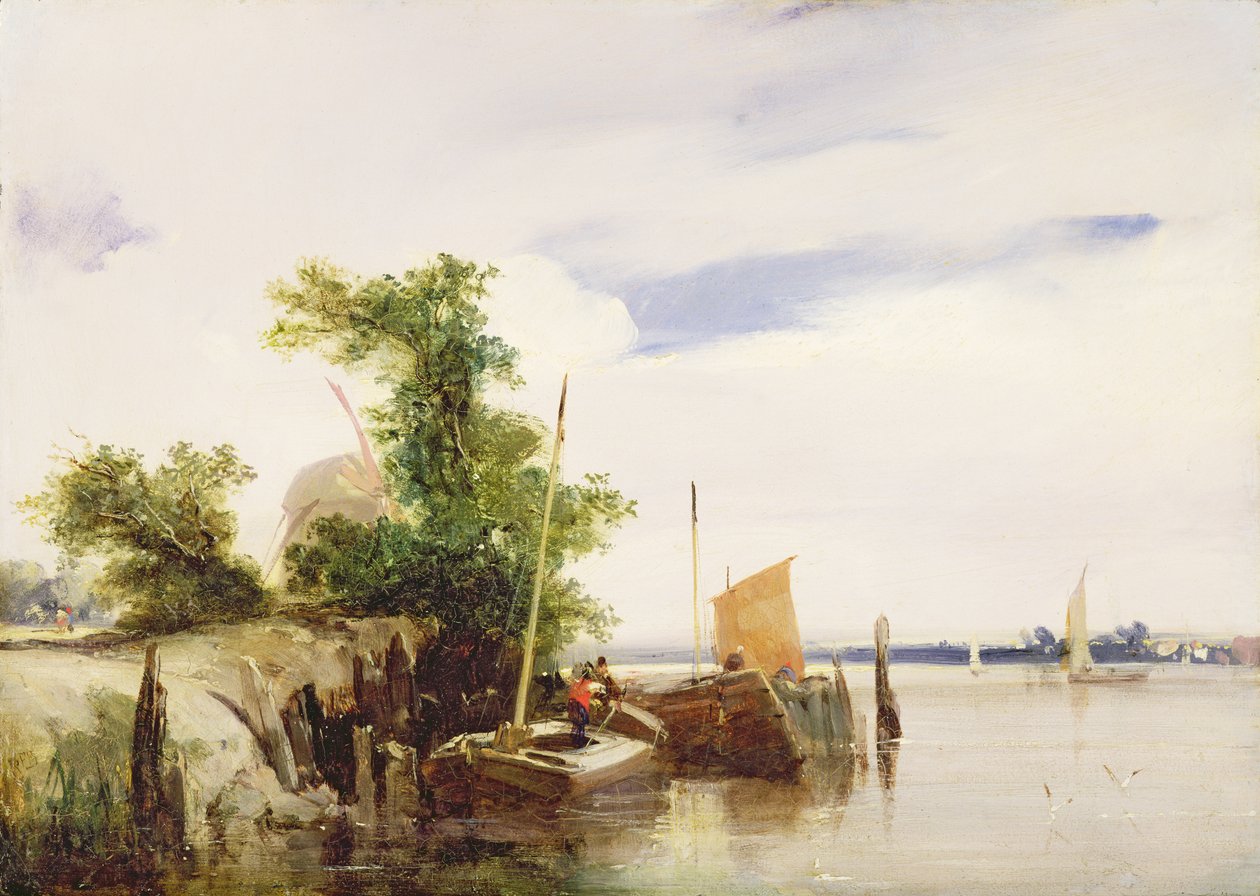 Barges on a River, c.1825-26 (olej na millboard) (podepsáno) od Richard Parkes Bonington