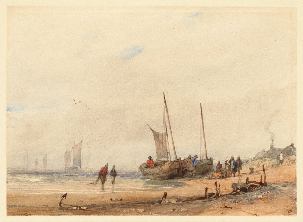 Pobřeží s loděmi vytaženými na břeh a postavami od Richard Parkes Bonington