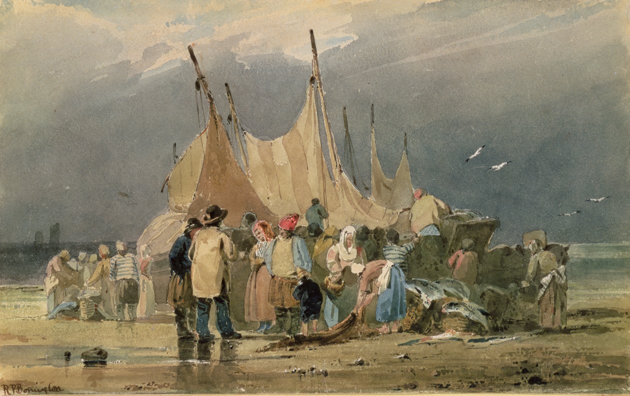 Rybáři na pláži, bouře se blíží (akvarel) od Richard Parkes Bonington