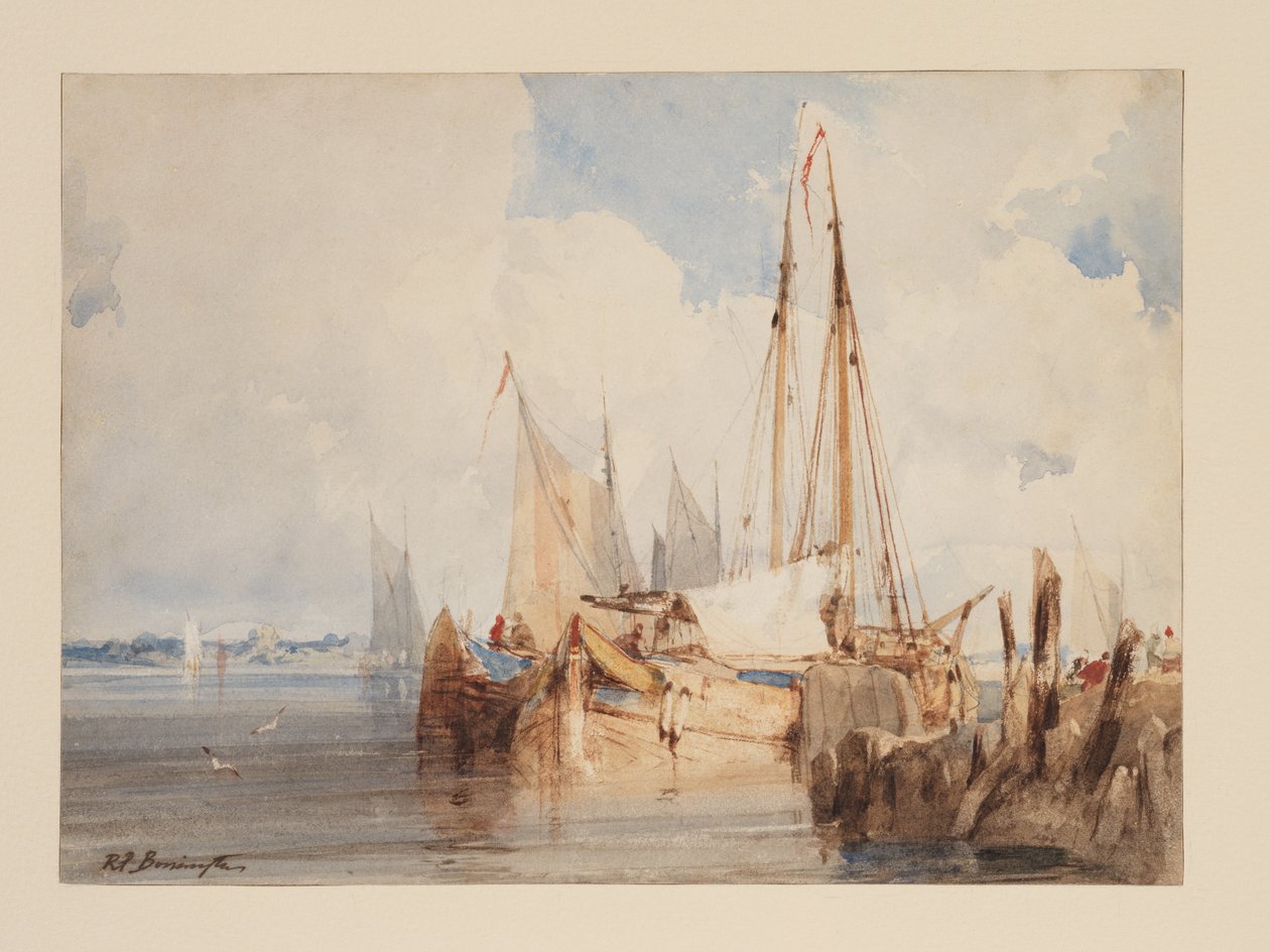 Rybářské lodě kotvící v ústí řeky, cca 1825 (akvarel na papíře) od Richard Parkes Bonington