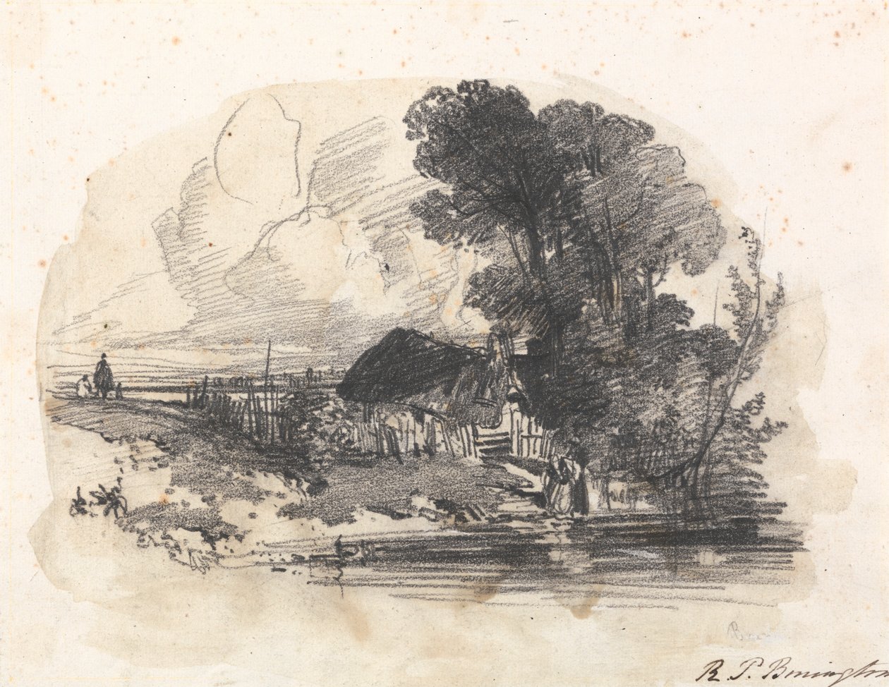 Stromy a chata u řeky od Richard Parkes Bonington