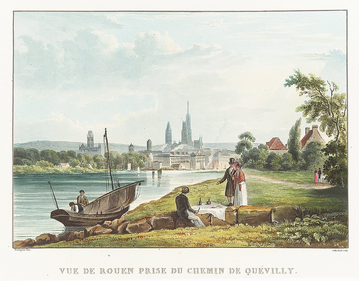Pohled na Rouen ze silnice Quevilly (Francie). Litografie (34,7x51,7 cm), Richard Parkes Bonigton (1802-1828), počátek 19. století. od Richard Parkes Bonington