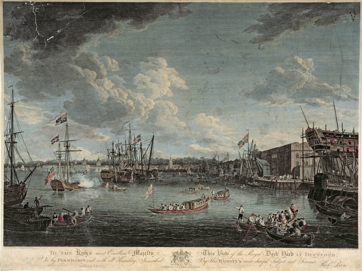 Pohled na Royal Dock Yard v Deptfordu, vyrytý Williamem Woollettem, publikováno 1. července 1793 (barevný lept) od Richard Paton