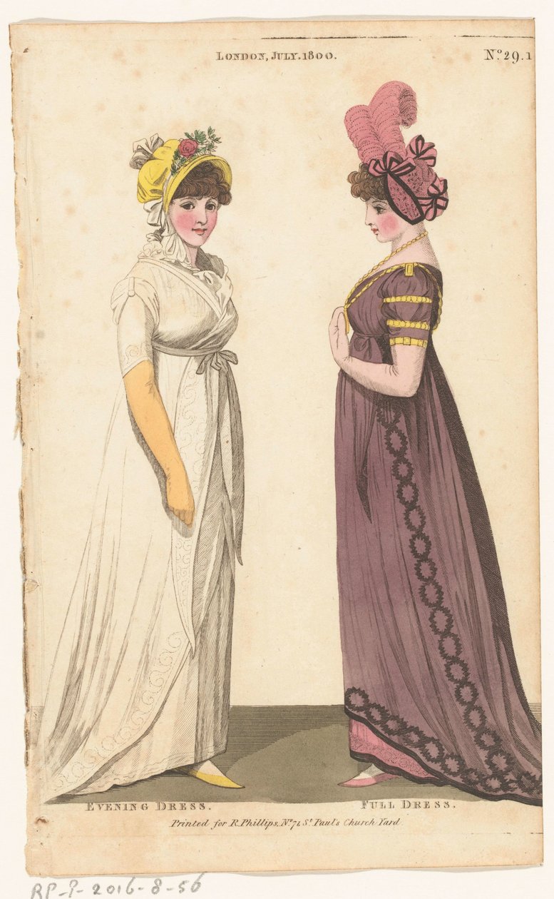 Magazine of Female Fashions of London and Paris, č. 29.1: Londýn, červenec. 1800: Večerní šaty; Plné šaty od Richard Phillips