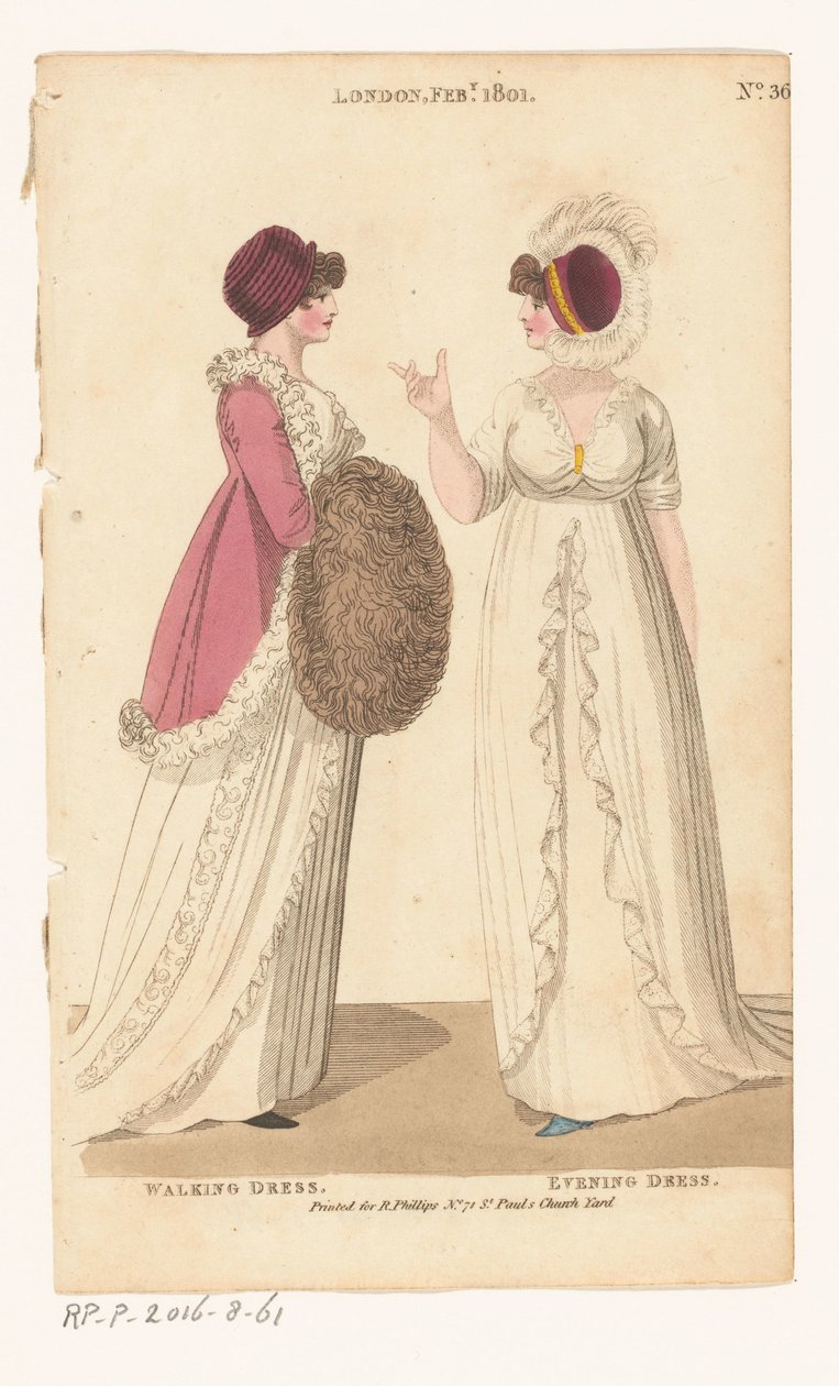 Časopis ženské módy Londýna a Paříže. č. 36. Londýn únor 1801: vycházkové šaty; Večerní róba od Richard Phillips
