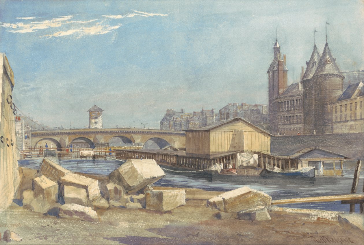 Ile de la Cité, Pont au Change a Conciergerie, Paříž, 1837 od Richard Redgrave