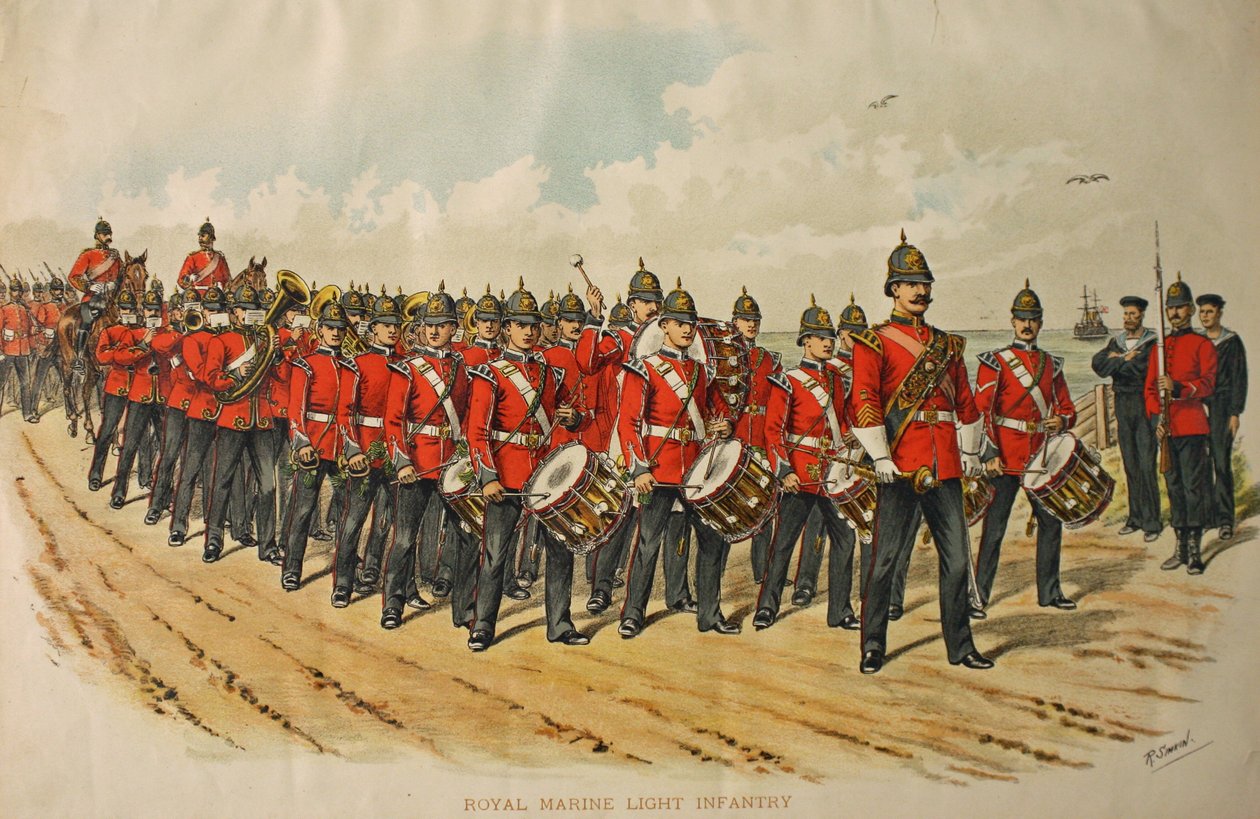 Kapela lehké pěchoty královské námořní pěchoty v čele kolony pochodujících mužů, 1895 od Richard Simkin