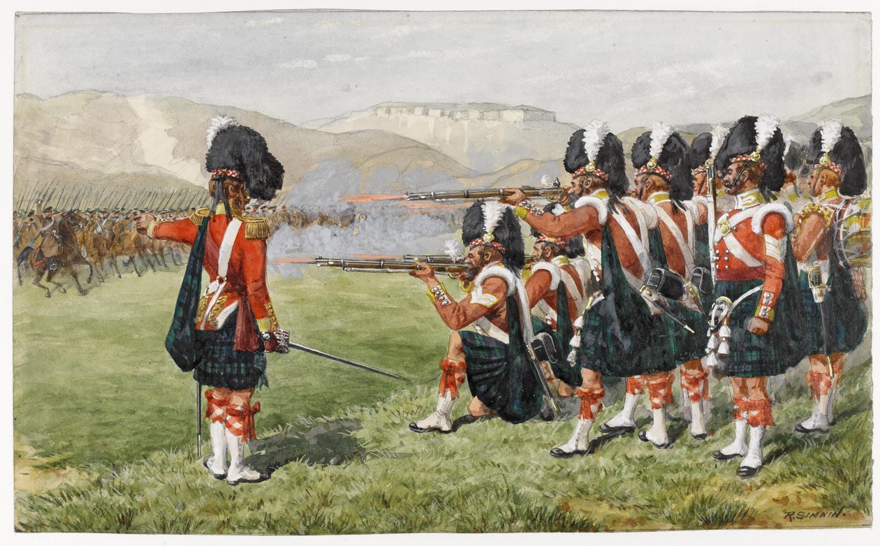 93. Sutherland Highlanders v bitvě u Balaclavy 25. října 1854: The Thin Red Line, 1854 (wc na papíře) od Richard Simkin