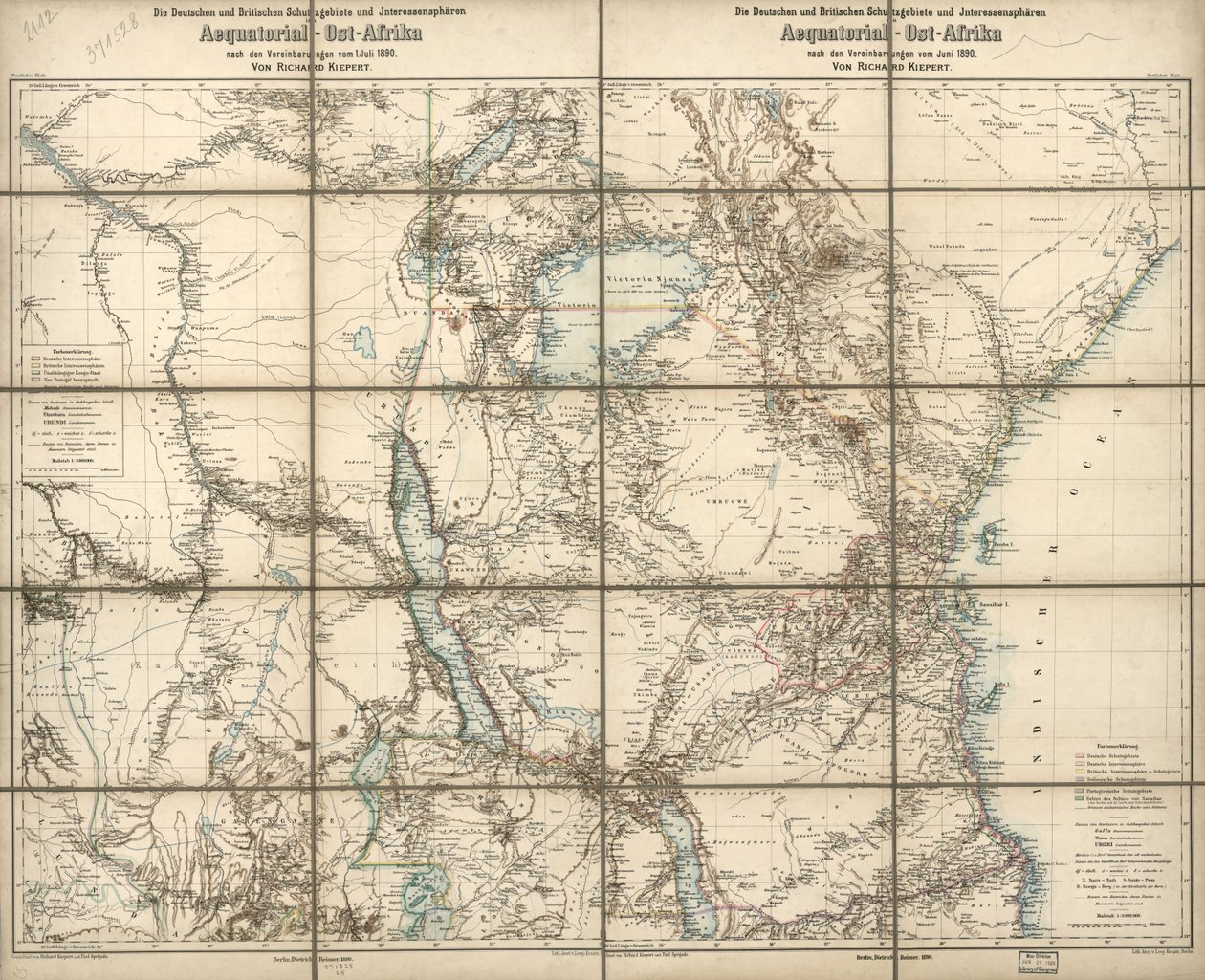 Německé a britské protektoráty a zájmové sféry v Rovníkové východní Africe : podle dohod z června 1890 od Richard; Sprigade Kiepert