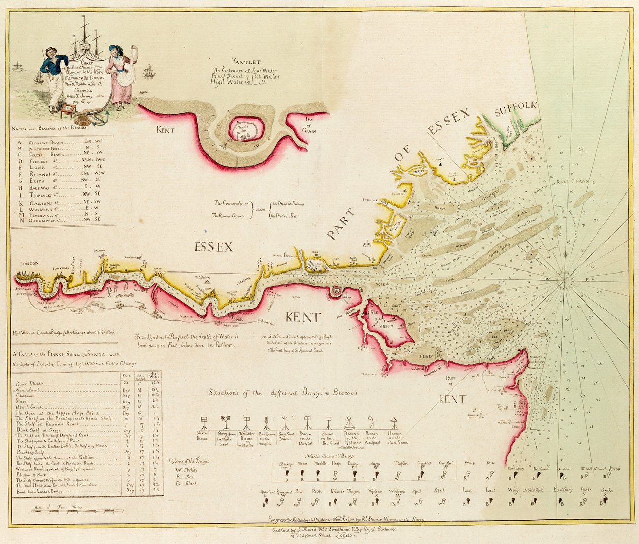 Mapa řeky Temže od Londýna po Nore, Margate a Downs, severní, střední a jižní kanál, z průzkumu provedeného v letech 1789 a 90 od Richard Stanier