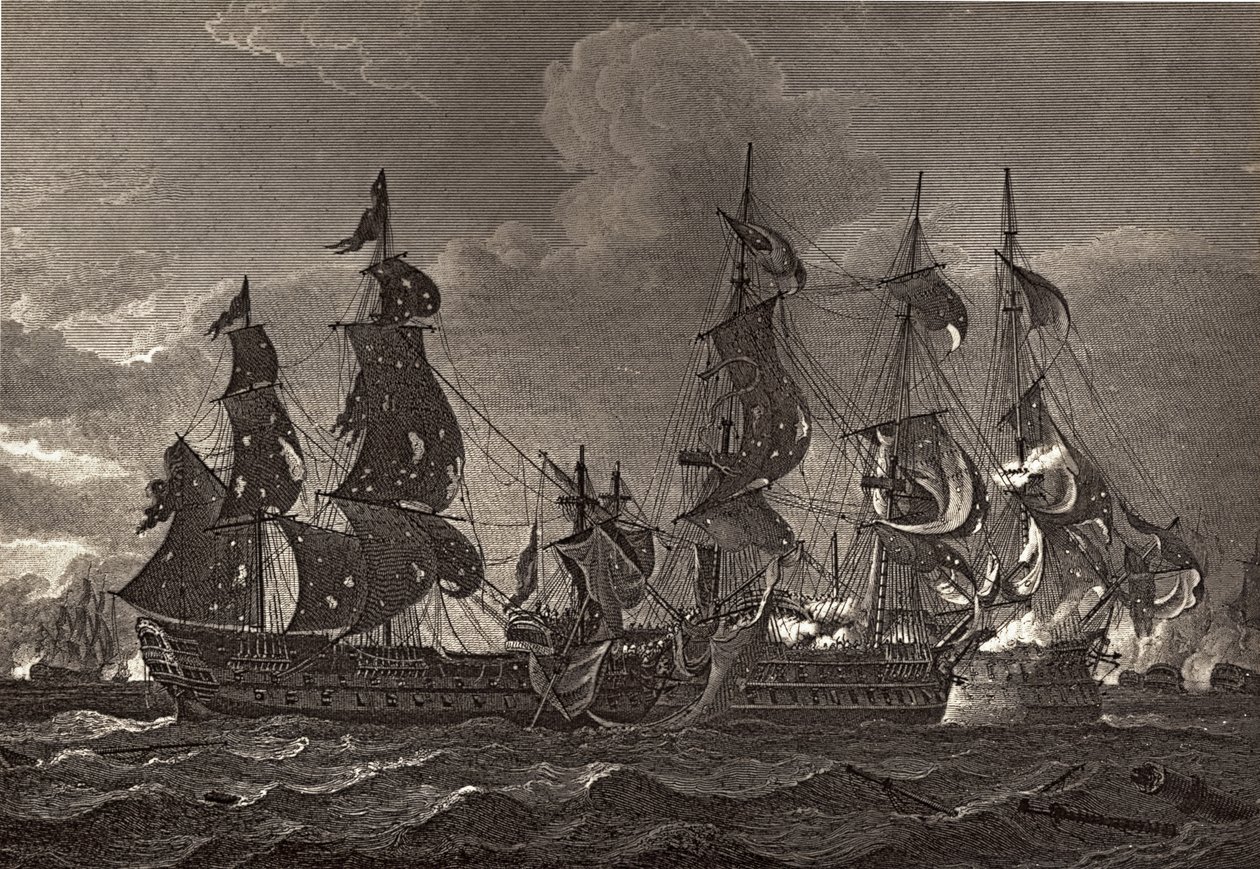 HMS Captain nalodění na San Nicholas a San Josef, ilustrace z „The Life of Nelson“ od Roberta Southeyho (1774-1843), poprvé publikovaná v roce 1813 od Richard Westall