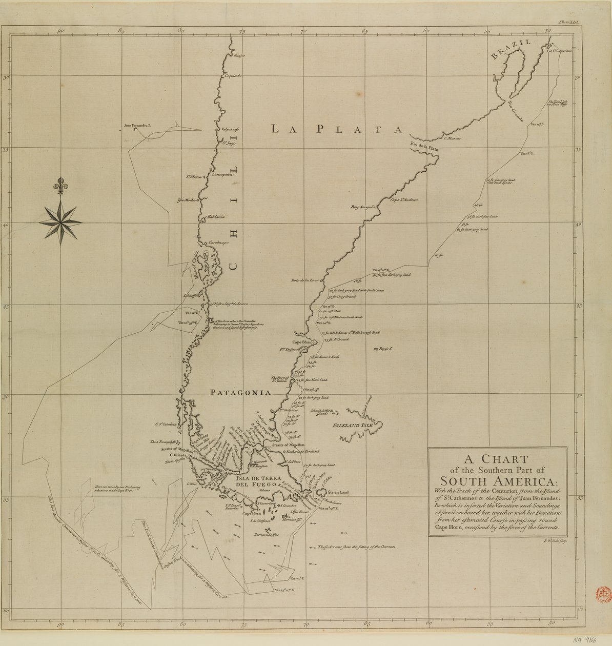 Mapa jižní části Jižní Ameriky se stopou Centuriona od Richard William Seale