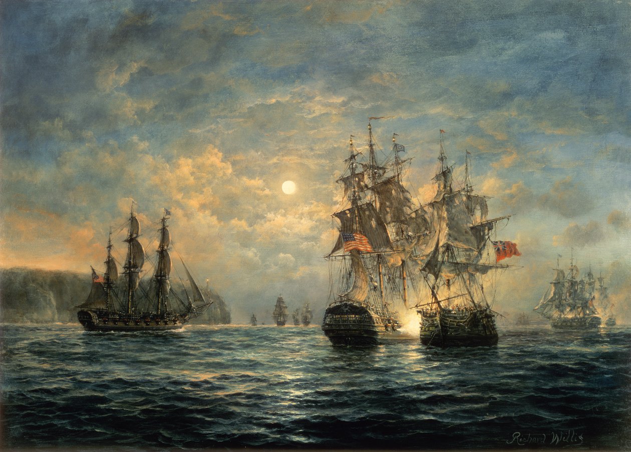 Zasnoubení mezi Bonhomme Richard a Serapis z Flamborough Head, 1779 od Richard Willis