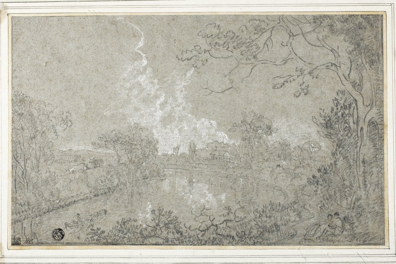 Banks of the River Dee poblíž Eaton Hall, Cheshire, kolem 1759 (černobílá křída na modrém položeném papíře, položená na kartě) od Richard Wilson