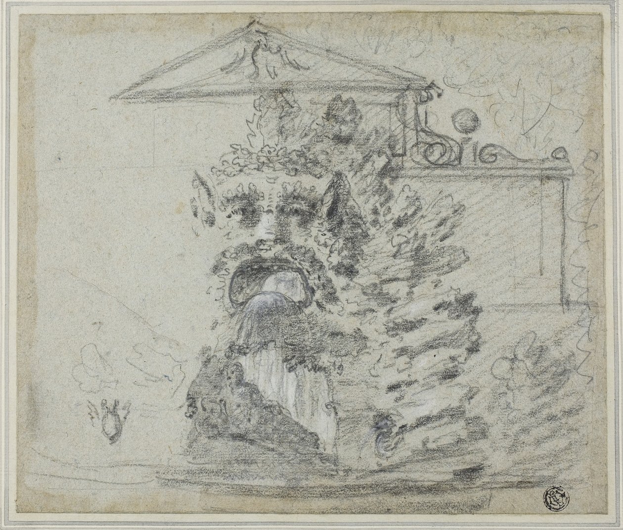 „Il Mascherone“, fontána Rocaille na pozemku vily Borghese, kolem roku 1754 (černá křída, zesílená bílou křídou a grafitem, na modrém položeném papíře, položená na kartonu) od Richard Wilson
