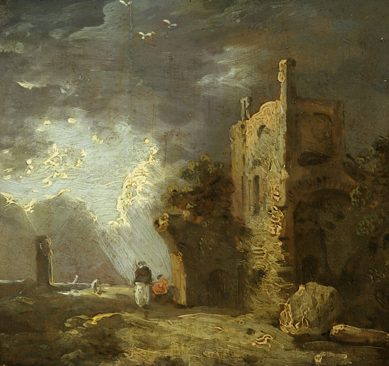 Zničená věž s figurou, cca 1770-1779 (olej na plátně) od Richard Wilson