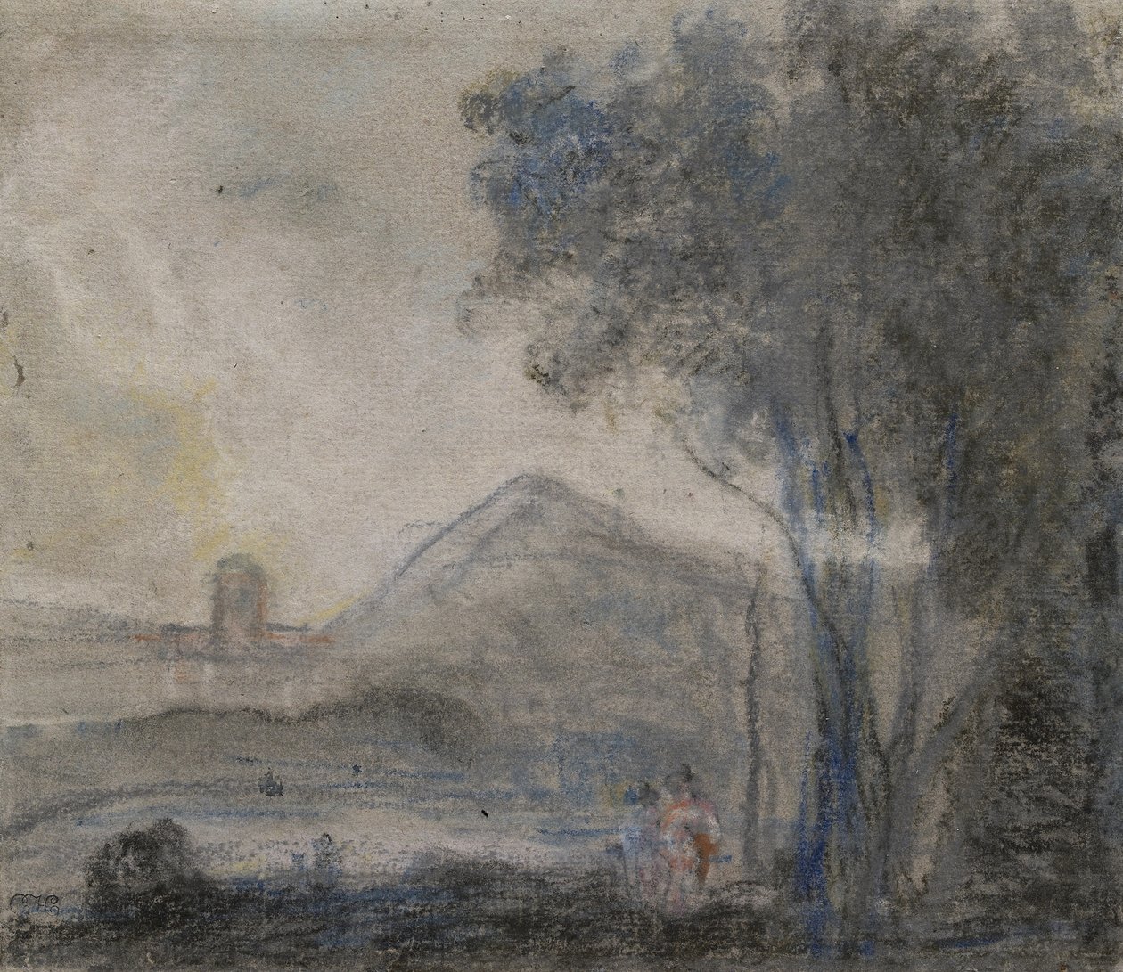 Studie pro „Cicero a jeho přátelé“ (černé, bílé a pestrobarevné křídy na našedlém papíře) od Richard Wilson