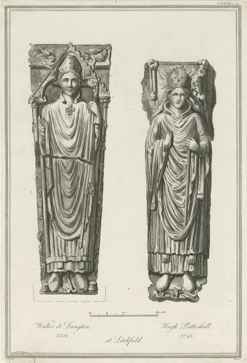 Katedrála Lichfield - Podobizna Waltera de Langtona a Hugha de Patteshull: rytina, nd [1748-1817] (tisk) od Richard Woollett Basire