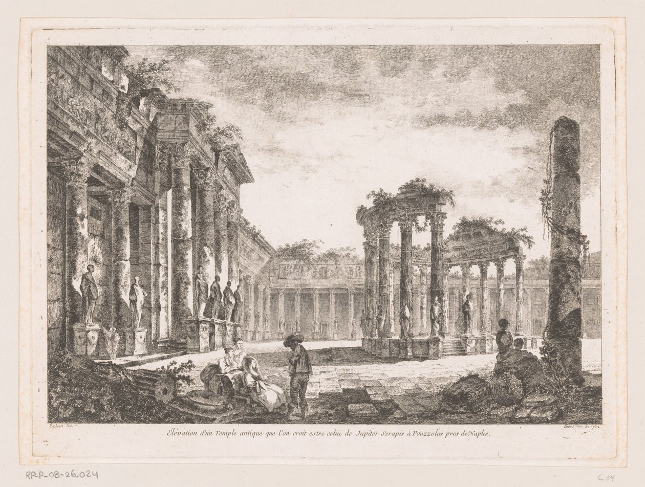 Gezicht op de Tempel van Jupiter Serapis Povýšení starověkého chrámu, o kterém se předpokládá, že je to Jupiter Serapis v Pozzuoli poblíž Neapole (název na objektu) od Richard de Saint Non