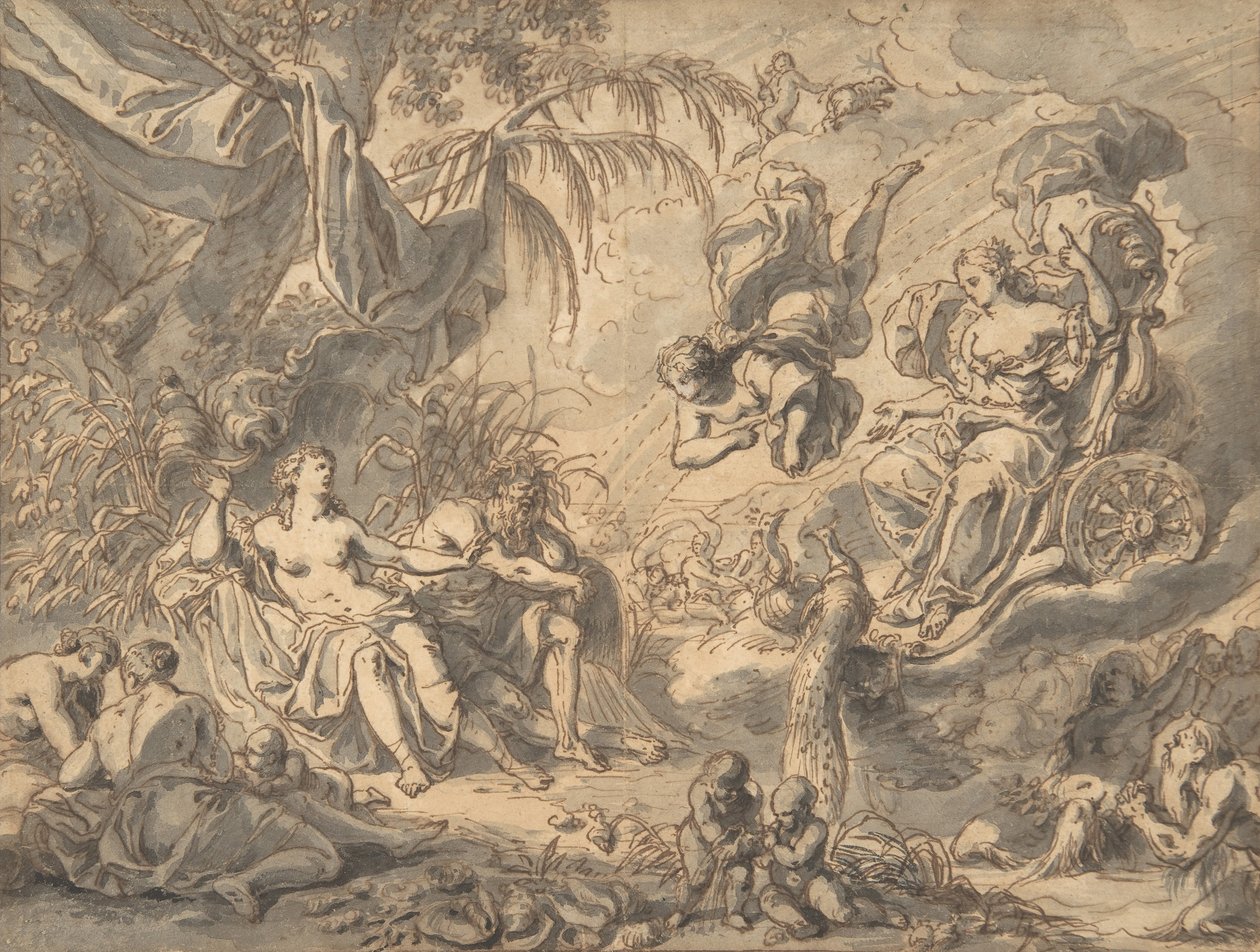 Juno na svém voze na návštěvě u mladé ženy a boha řeky, konec 17.-polovina 18. století. od Richard van Orley