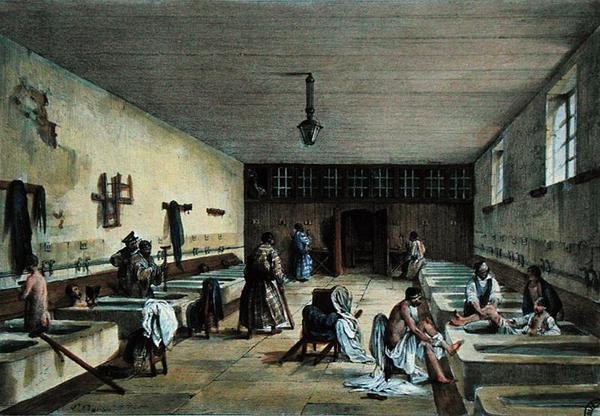 Důstojnické lázně ve vojenské nemocnici Bourbonne les Bains, polovina 19. století (barevná rytina) od Richoux (after)