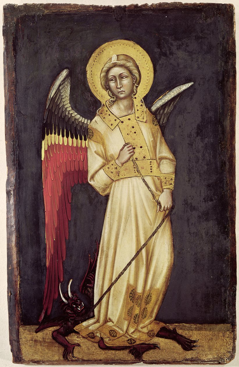 Anděl s démonem na řetězu (tempera na panelu) od Ridolfo di Arpo Guariento