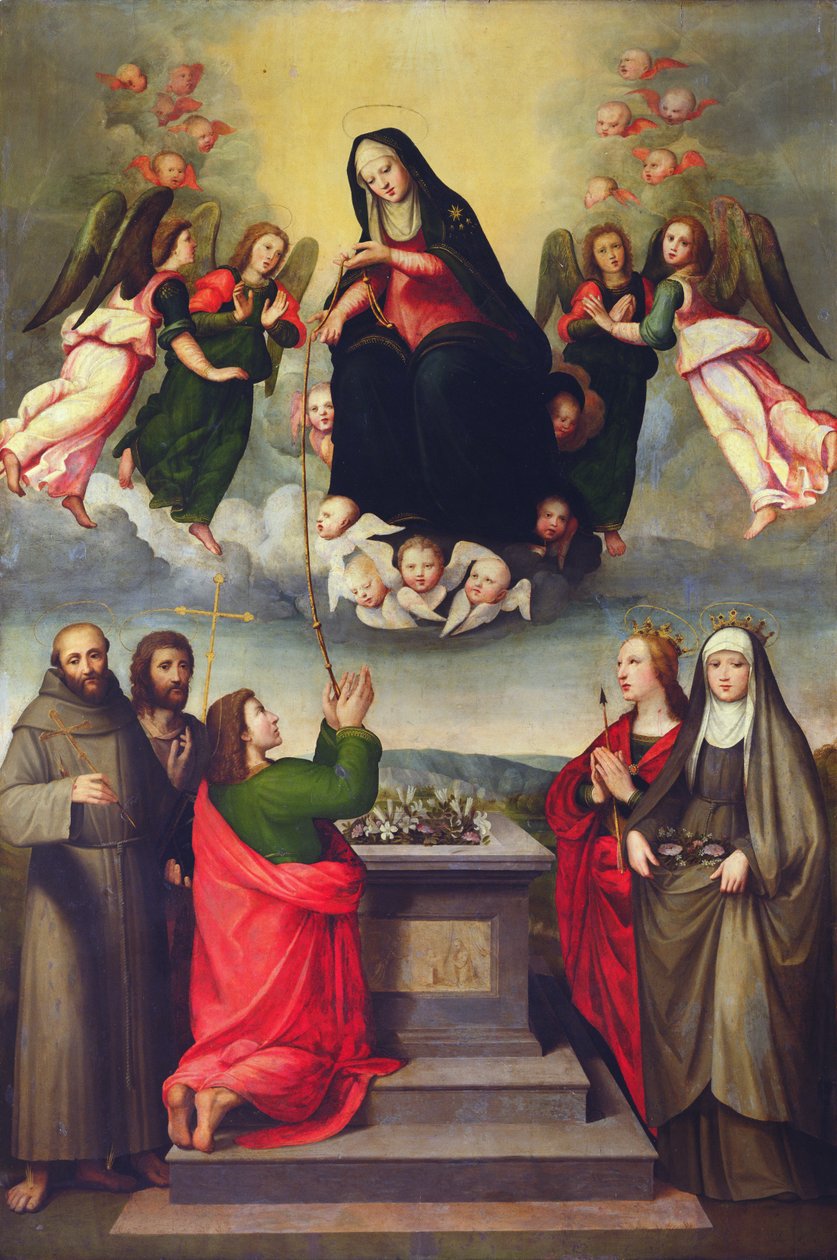 Panny Marie Svatohostýnské se sv. Tomášem, Františkem, Janem Křtitelem, Uršulou a Alžbětou Uherskou. od Ridolfo , Il Ghirlandaio
