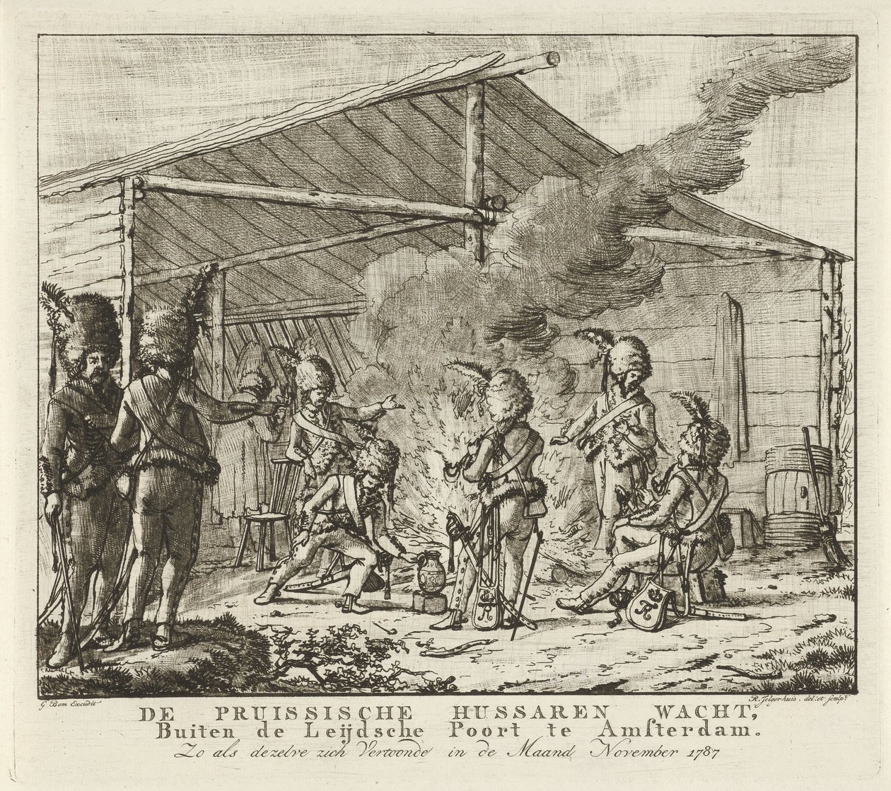 Pruští husaři čekající v Leidse Poort v Amsterdamu, 1787 Pruští husaři čekají, Mimo Leijdsche Poort v Amsterdamu (...) (název na předmětu) od Rienk Jelgerhuis