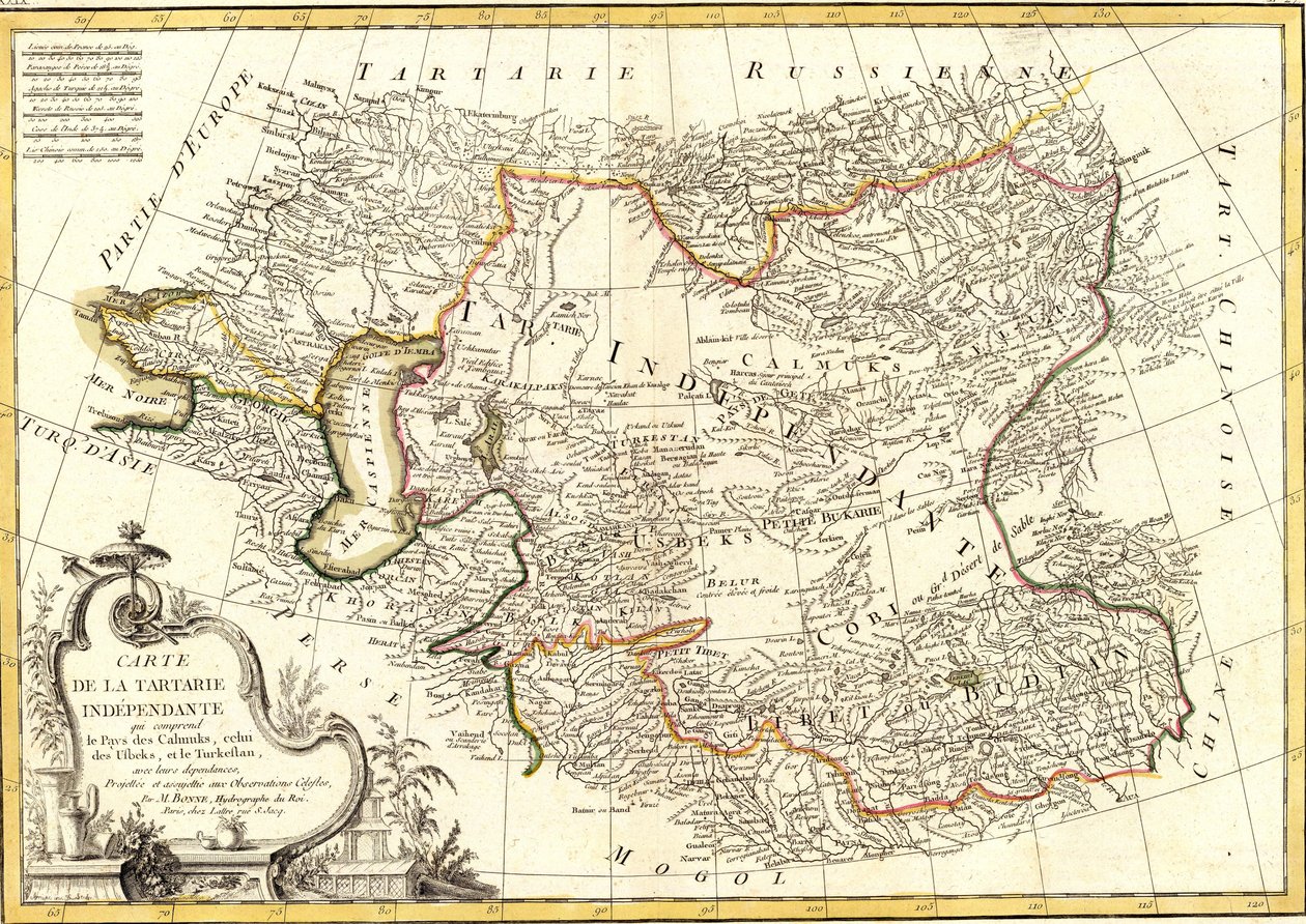 Mapa nezávislého Tartary, která zahrnuje zemi Calmuks, zemi Usbeks a Turkestan od Charles Marie Rigobert Bonne