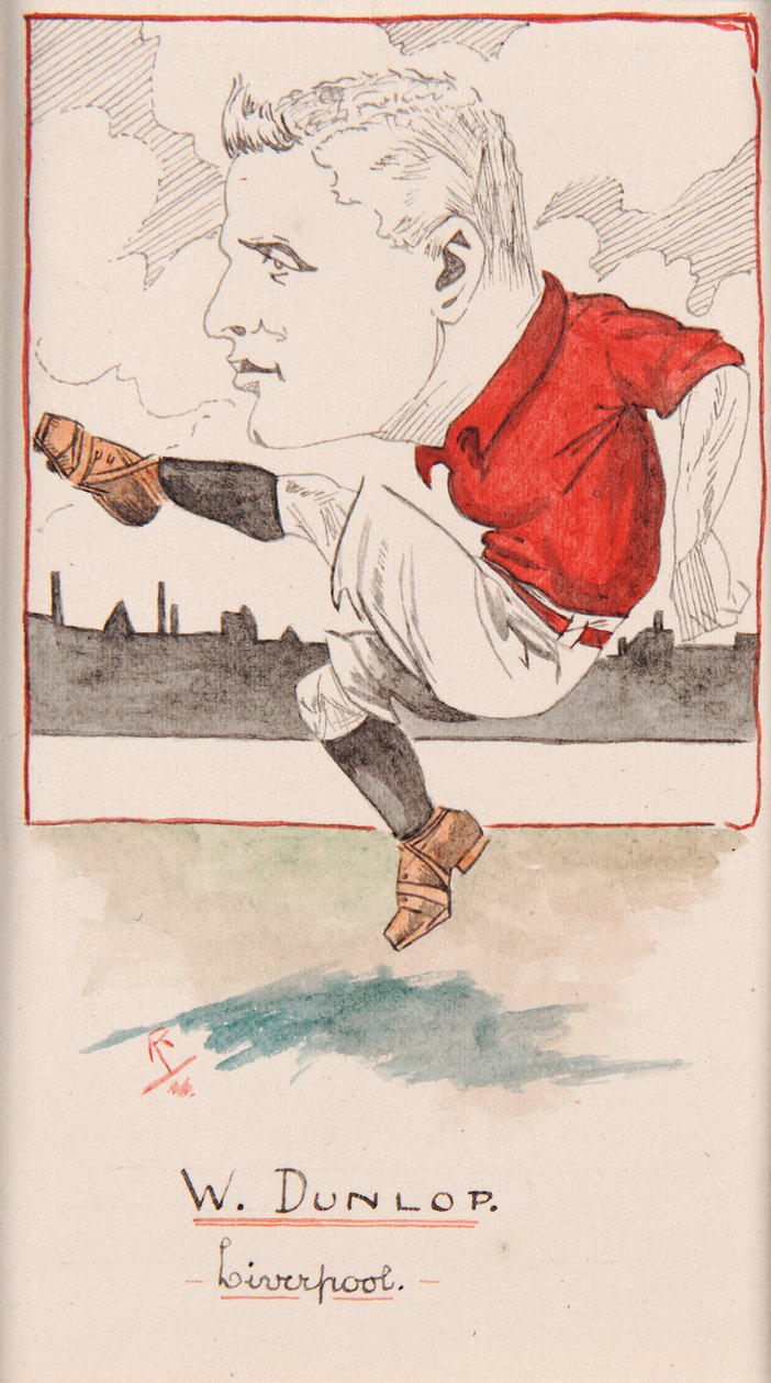 Billy Dunlop, Liverpool, kresba pro sadu cigaretových karet, 1907 (pero a inkoust na kartě) od Rip