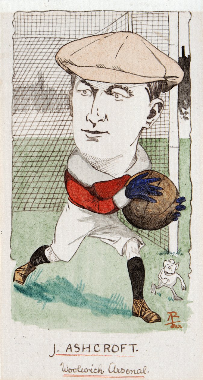 Jimmy Ashcroft, Woolwich Arsenal, kresba pro sadu cigaretových karet, 1907 (pero a inkoust na kartě) od Rip