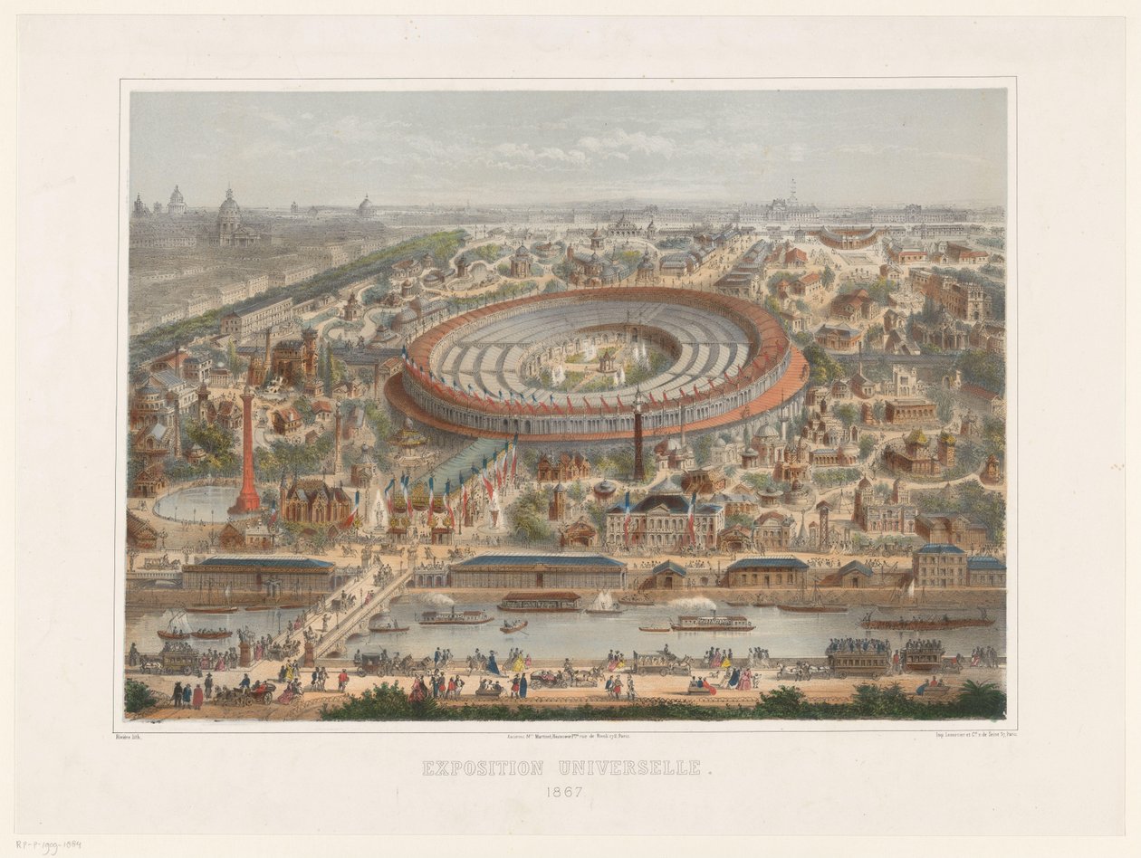 Pohled z ptačí perspektivy na Světovou výstavu v roce 1867 v Paříži Výstava Universelle. 1867 (název na objektu) od Rivière