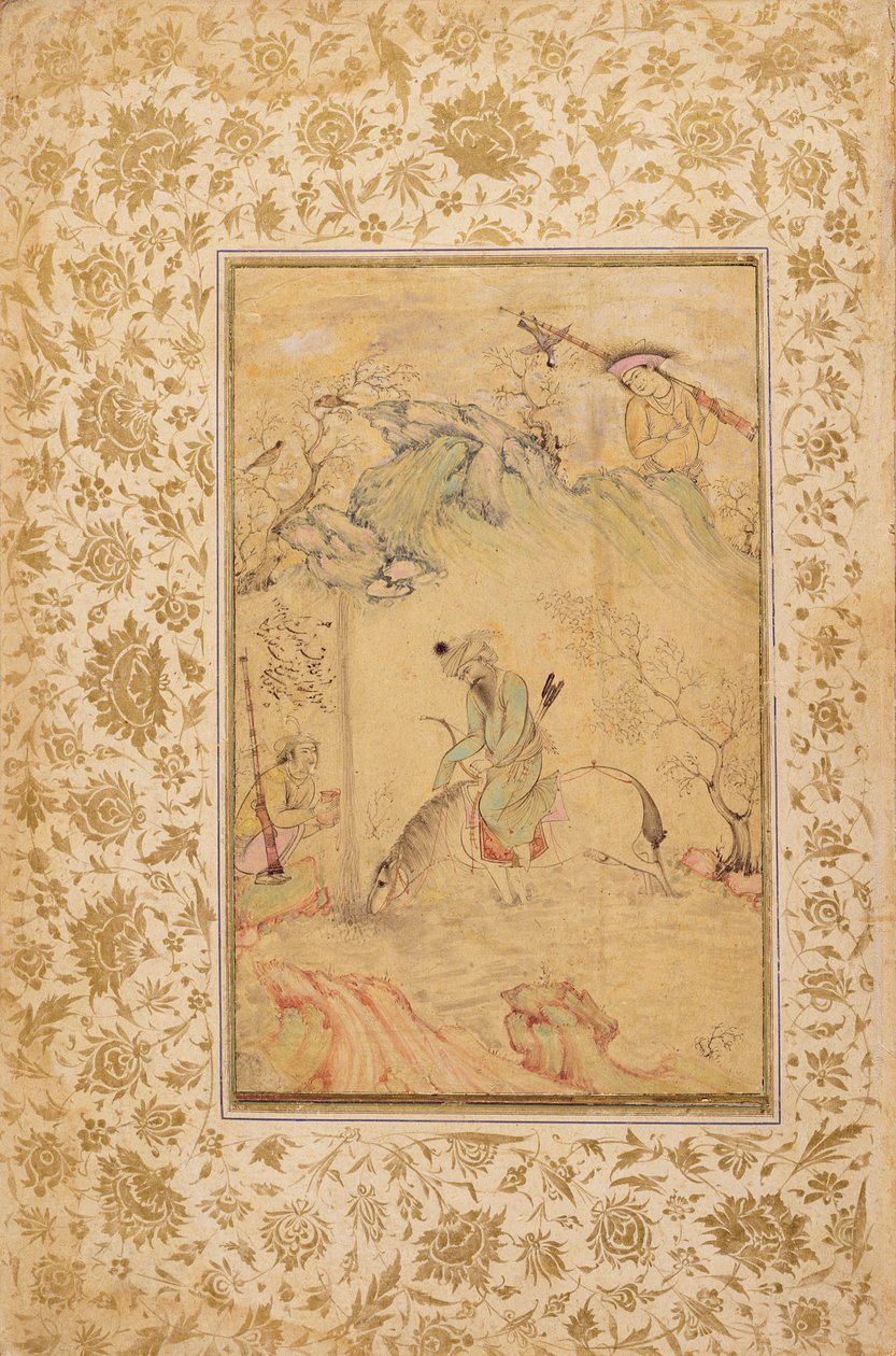 Hunters in a Landscape, cca 1615 (inkoust, wc a zlato na papíře) od Riza i Abbasi