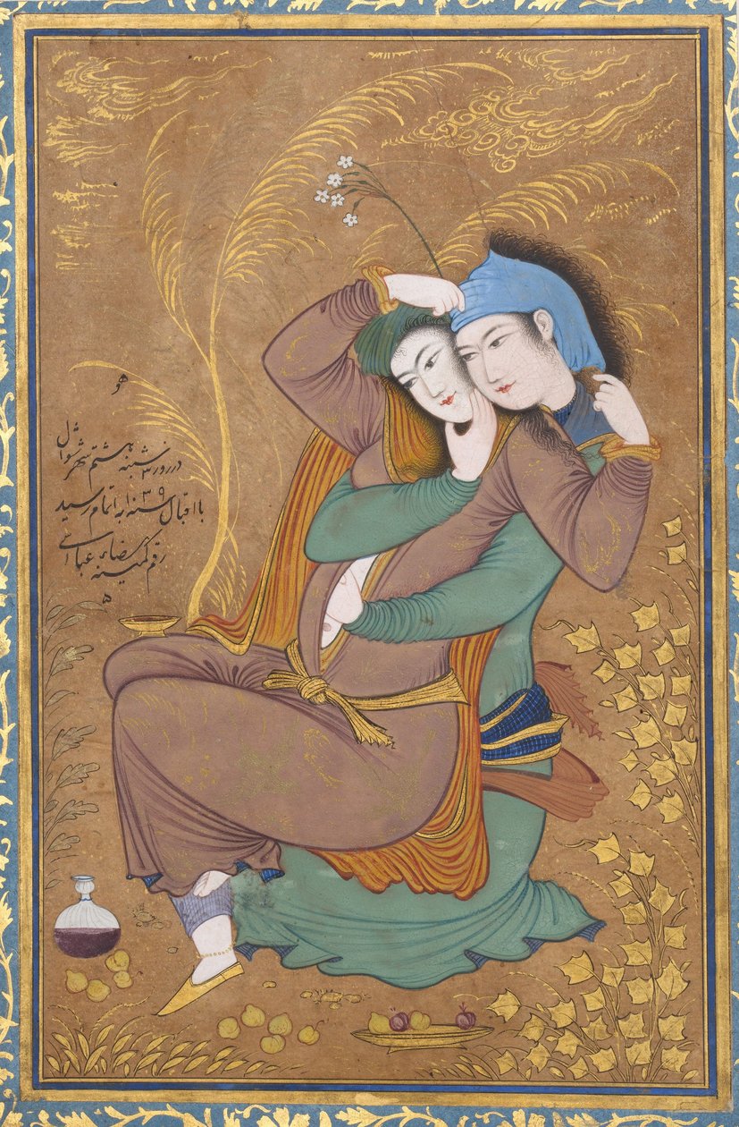 The Lovers, cca 1630 (akvarel, inkoust a zlato na papíře) od Riza i Abbasi