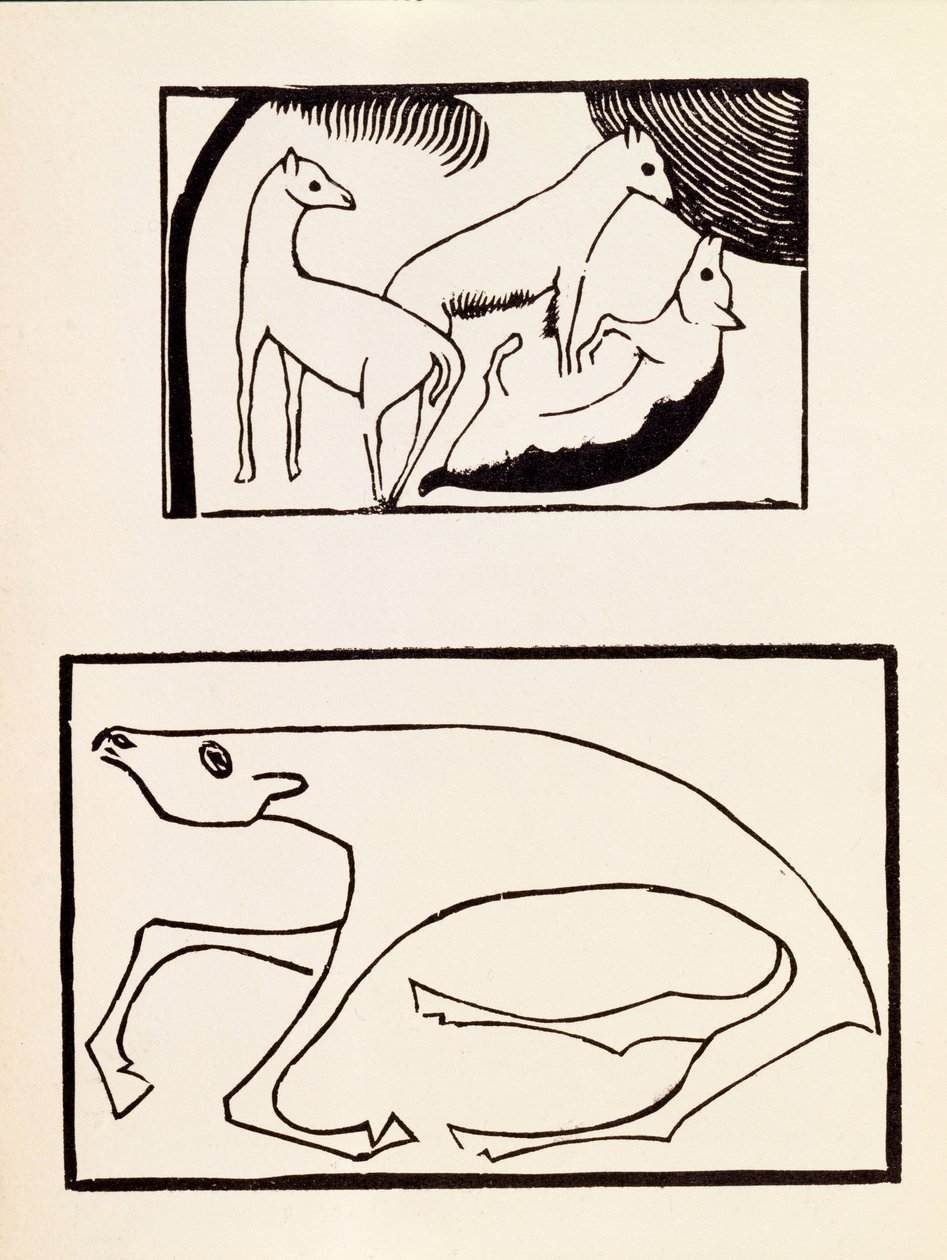 The Animals, ilustrace ze svazku obsahujícího dřevoryty od sedmi umělců, vydané Omega Workshops Ltd, Londýn, 1918 dřevoryt od Roald Kristian
