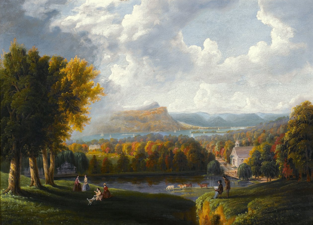 Pohled na řeku Hudson z Tarrytownu, Old Dutch Church, Beekman Manor House od Robert the Younger Havell
