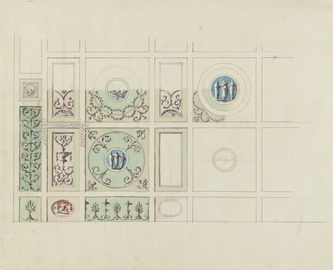 Návrh stropu Jídelny, Headfort House (wc, šedé mytí a pero a černý inkoust přes grafit na papíře) od Robert Adam