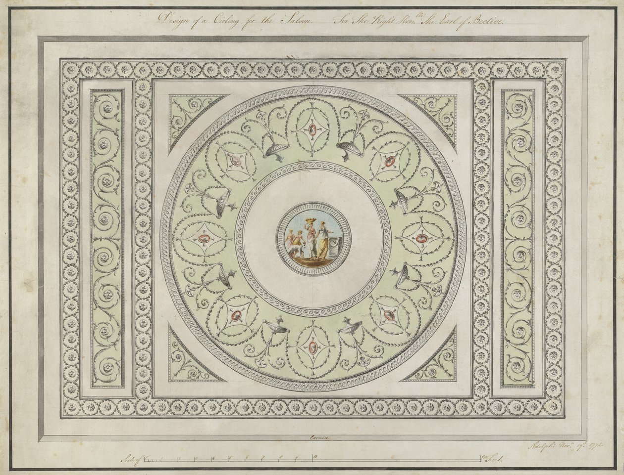 Návrh stropu Saloonu, Headfort House, 1772 (pero, černý a hnědý inkoust a wc na potištěném papíře) od Robert Adam