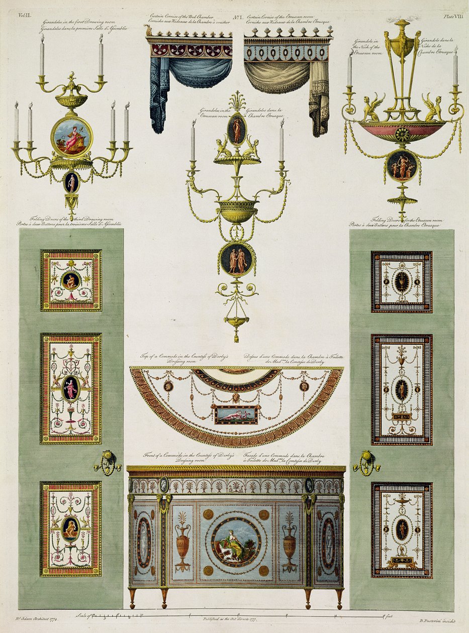 Vzory záclonových garnýží, girandol a skládacích dveří, 1774 (potisk) (detail viz 61958) od Robert Adam