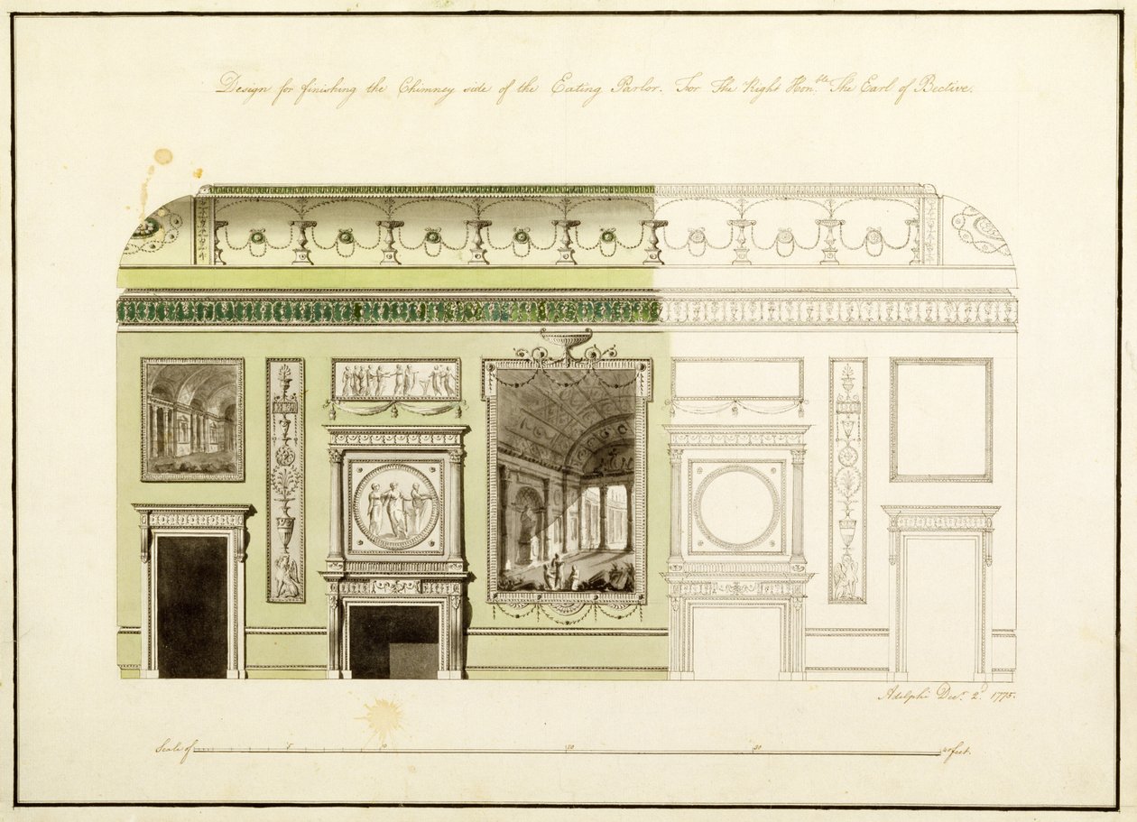 Headfort House, Jídelna, Komín, 1775 (wc, pero a inkoust na papíře) od Robert Adam