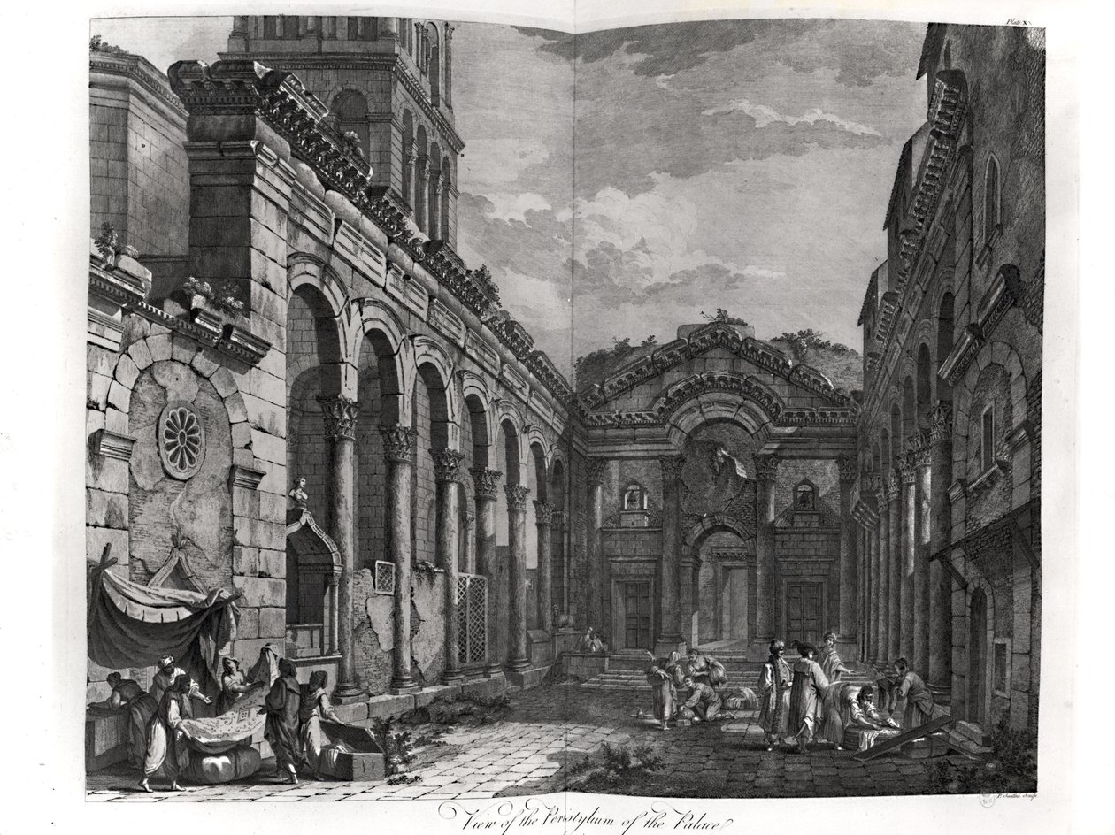 Pohled na peristyl paláce Diocletiana (245-313), římského císaře 284-305, ve Splitu na dalmatském pobřeží, vyryl P. Santini, 1768 od Robert Adam