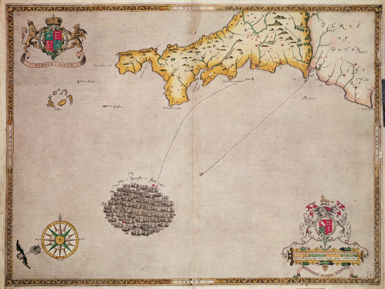 Mapa č. 1 ukazující trasu flotily Armady, vyryla Augustine Ryther, 1588 od Robert Adams