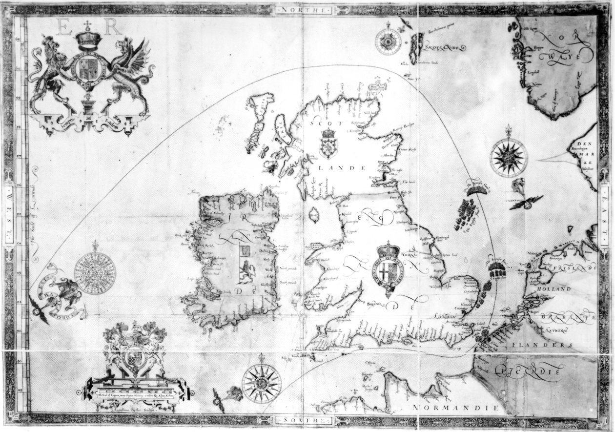 Mapa znázorňující trasu flotily Armady, vyrytá Augustinem Rytherem, 1588 od Robert Adams