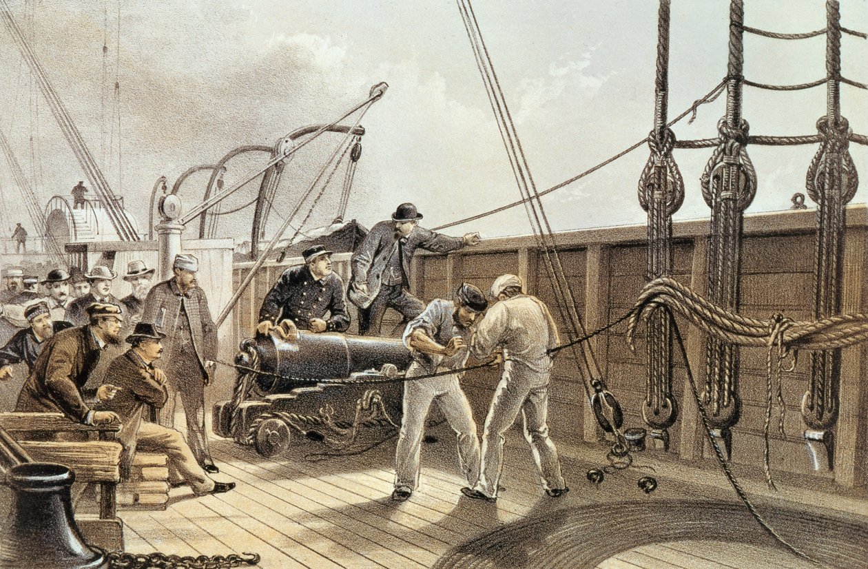 Spojování transatlantického telegrafního kabelu (po první nehodě) na palubě lodi Great Eastern, 25. července 1865, vydavatelství Lay and Son, cca 1868. od Robert Ambrose Dudley