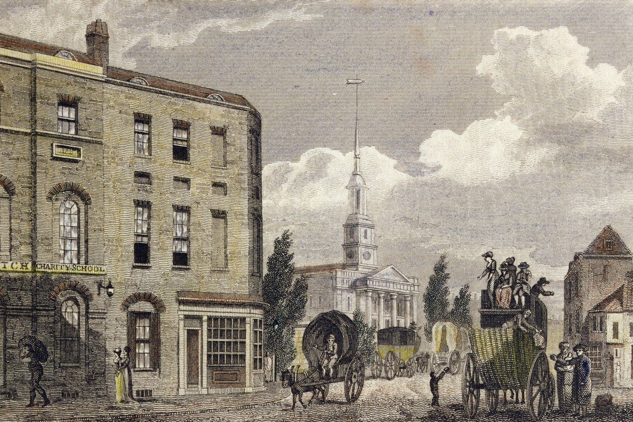 Vchod do Londýna v Shoreditch Church, 1810 (barevná rytina) od Robert Blemell Schnebbelie