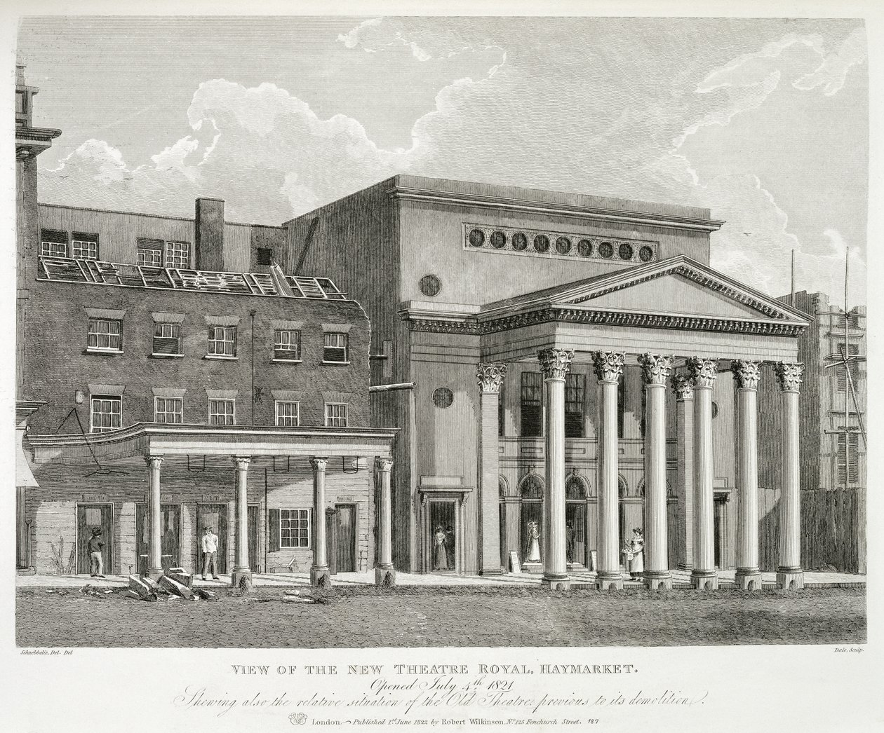 Pohled na nové divadlo Royal, Haymarket, v Londýně, otevřeno 4. července 1821, ukazuje také relativní situaci starého divadla před jeho demolicí, vyryto Dale, 1822 od Robert Blemell after Schnebbelie