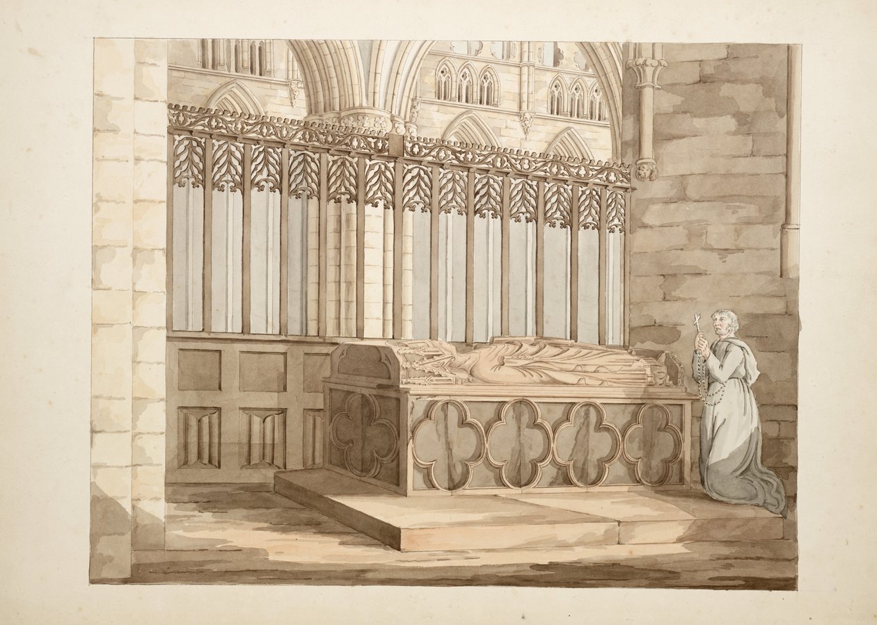 Paní Nová Coll 380, f7r. Starožitnosti katedrálního kostela Saint Mary, Carlisle, kreslil Robert Carlile, 1795 (pero a inkoust a wc na papíře) od Robert Carlile