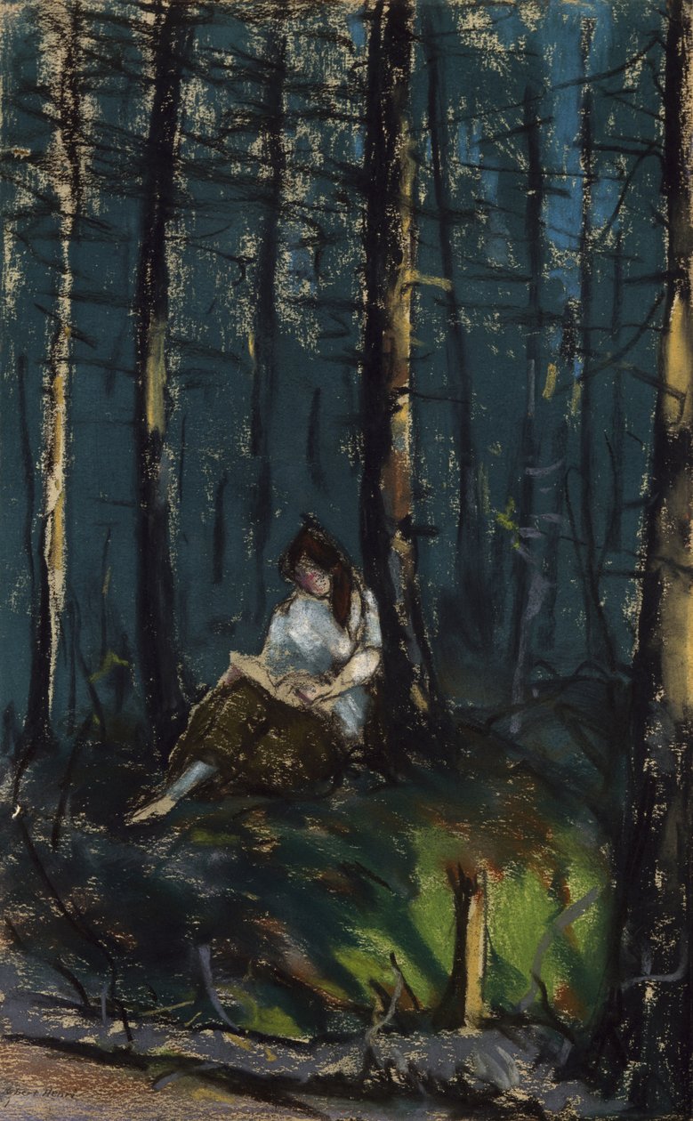 Čtenář v lese, 1918 (pastel na tkaném papíře) od Robert Cozad Henri